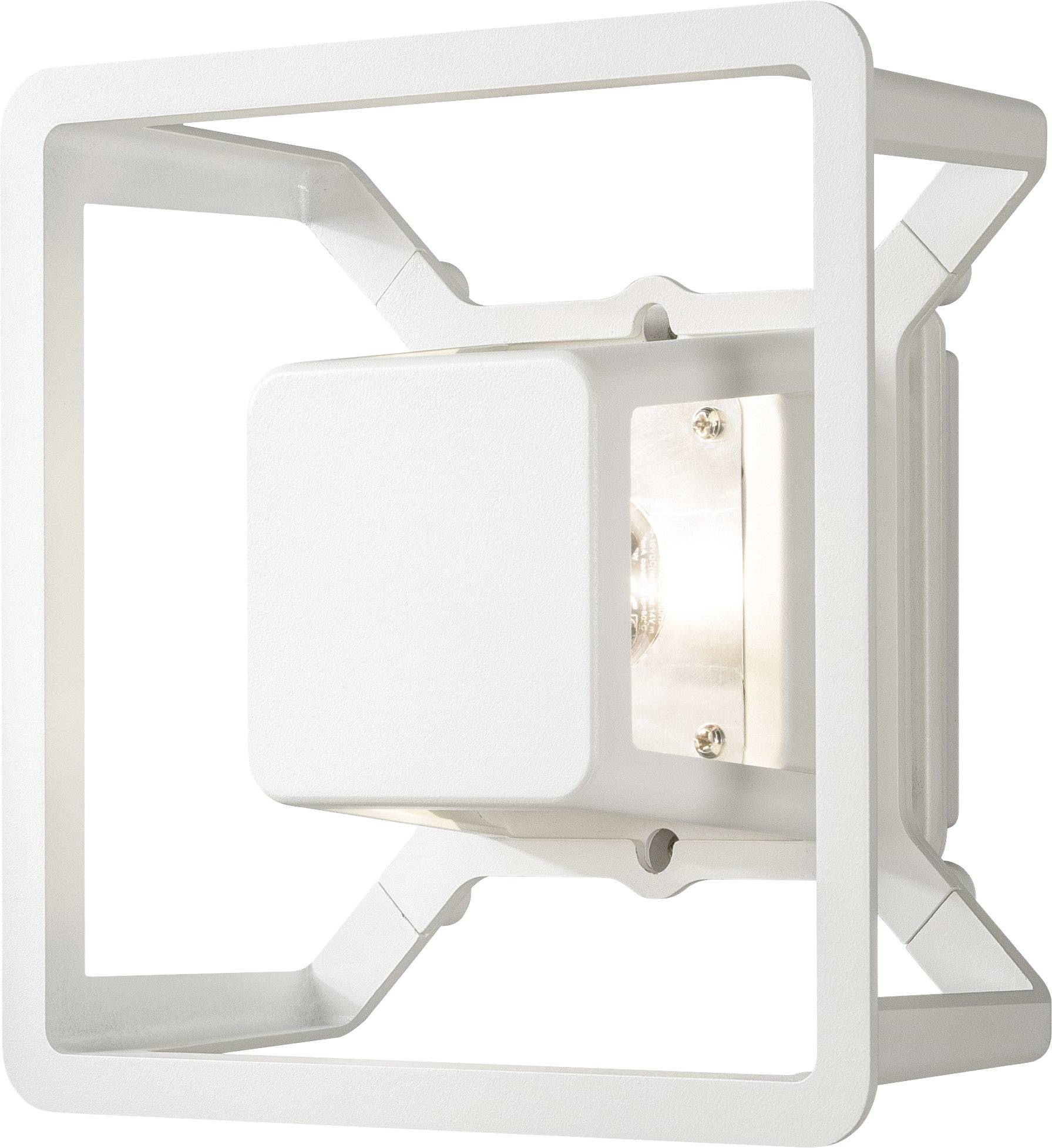 Weiße, quadratische moderne Wandlampe mit geometrischem Design und sichtbarer Glühbirne, geeignet für zeitgenössische Innenräume.