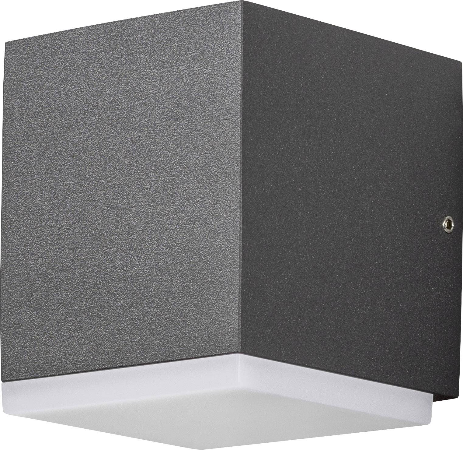 Graue, quadratische Außenwandleuchte mit weißem Diffusor, geeignet für indirekte Beleuchtung. Minimalistisches, modernes Design.