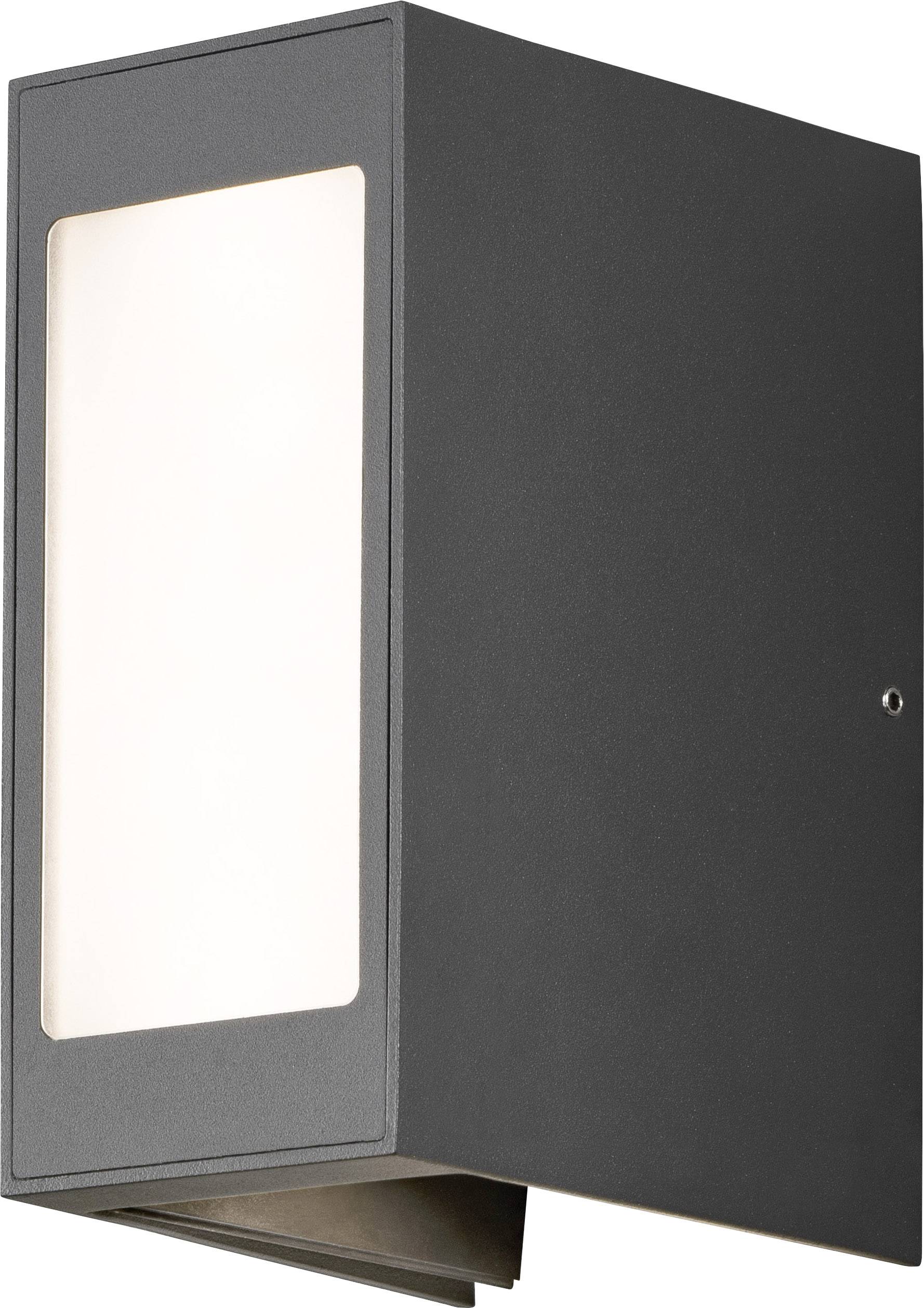 Schwarzgraue Außenleuchte mit rechteckigem, modernem Design und opaler Glasfront, die warmweißes Licht ausstrahlt. Geeignet für Wandmontage.