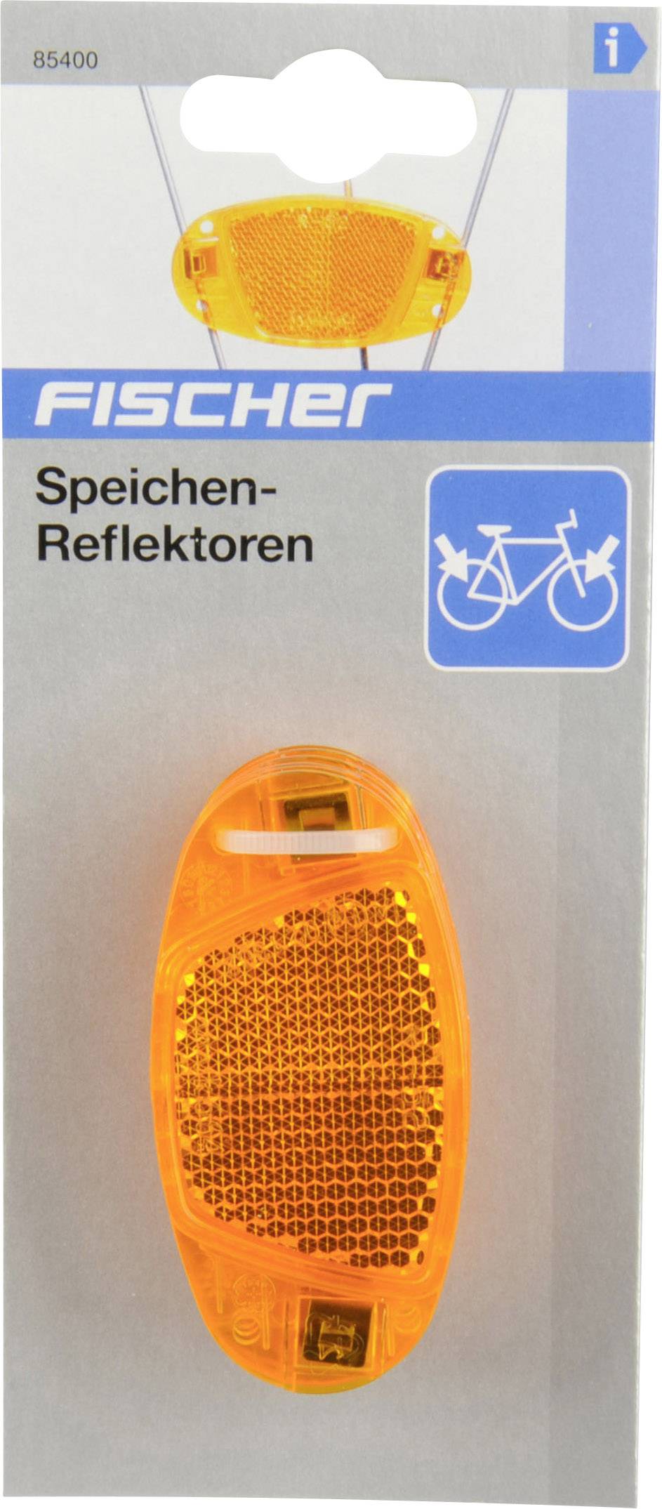 Orange Fahrrad-Speichenreflektor von Fischer, verpackt in Blisterverpackung mit blauem Fahrradsymbol und Produktinformationen.