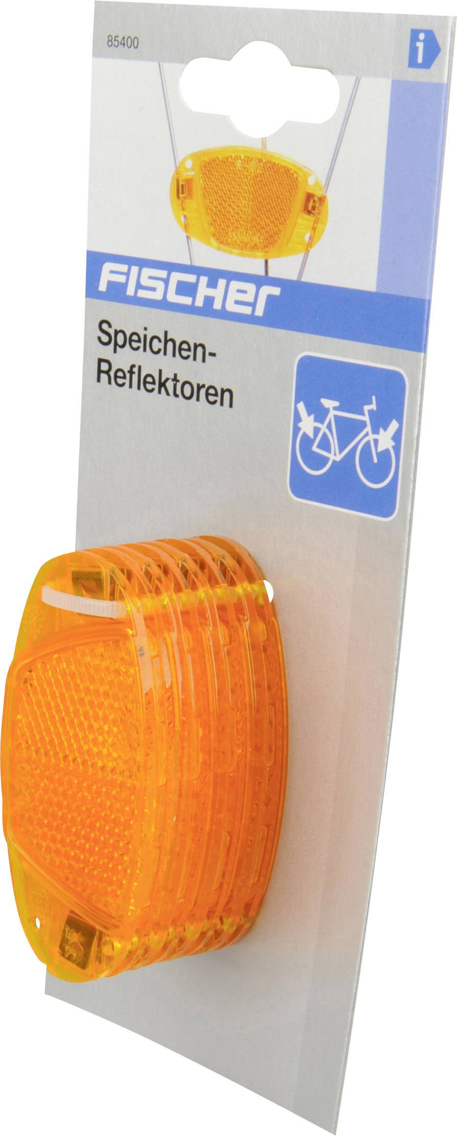 'Fischer Speichen-Reflektoren' in orange auf einer grauen Verpackung mit Fahrrad-Symbol. Geeignet für bessere Sichtbarkeit.