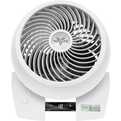 Weißer Tischventilator von oben, mit sichtbarem Bedienfeld, zwei Tasten und 'Energy Smart'-Logo.