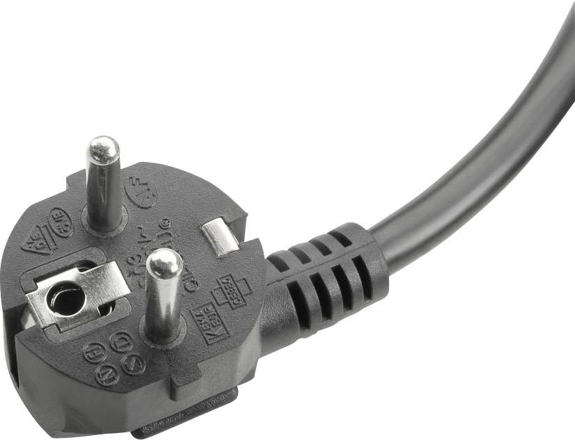 Nahaufnahme eines schwarzen Schuko-Steckers mit zwei Stiften und Erdungskontakt; symbolisiert Stromversorgung oder Elektronik-Verbindungen.