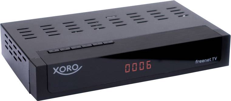 Ein schwarzer DVB-T2 Receiver der Marke 'Xoro', mit leuchtender LED-Anzeige der Nummer '0006', rechts mit dem Logo 'freenet TV'.