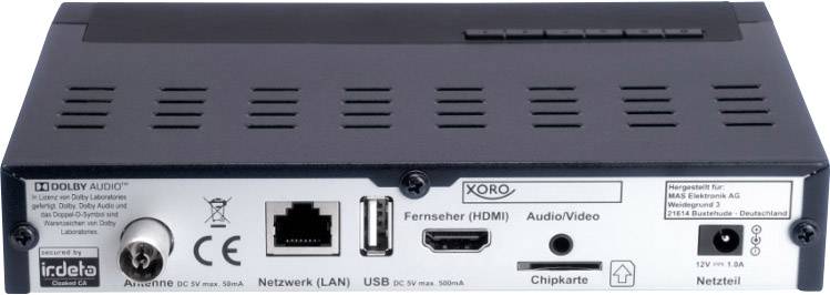 Rückseite eines Medienreceivers mit Anschlüssen: Antenne, LAN, HDMI, Audio/Video, USB und Chipkarte. Netzgerät-Anschluss rechts.