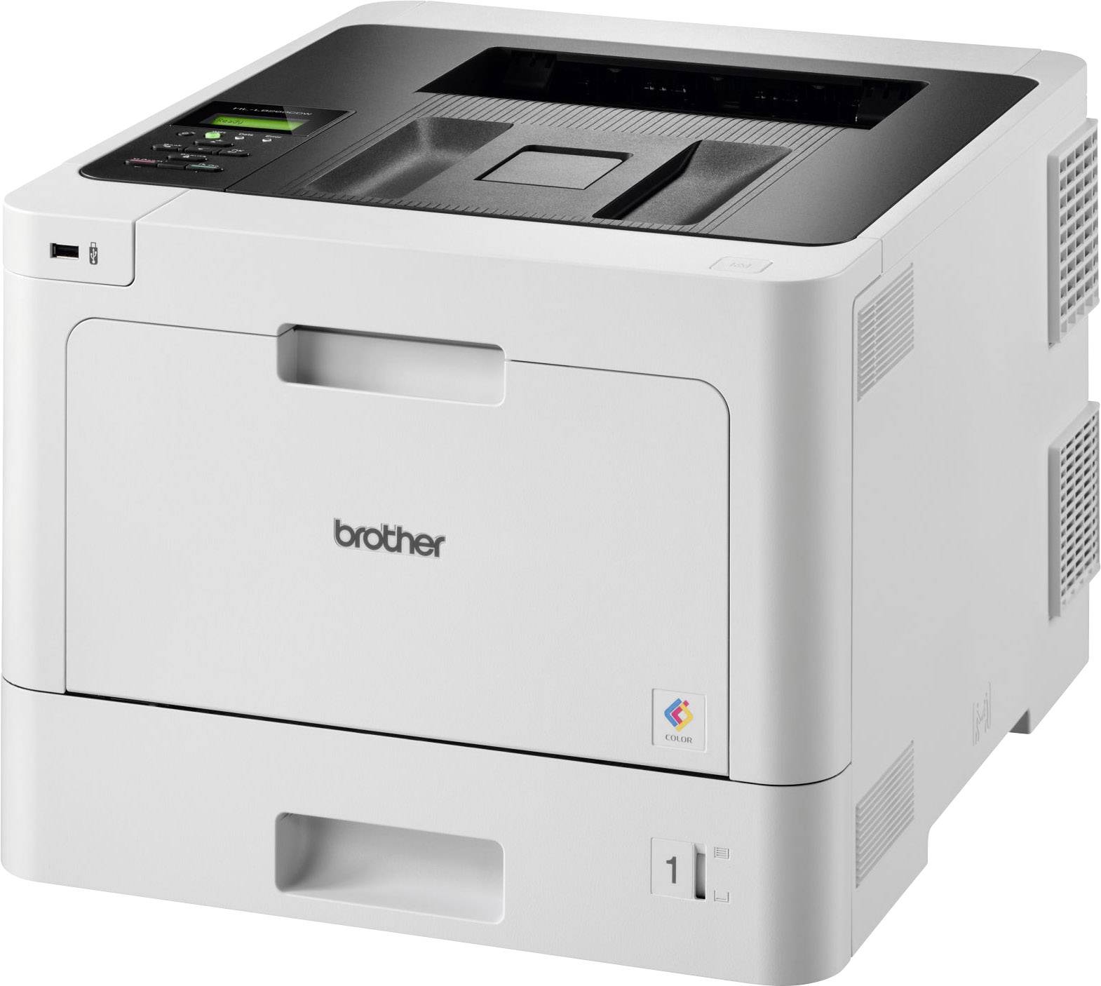 Ein weißer Laserdrucker mit Markenlogo auf der Vorderseite, Papierausgabefach oben, und einem Kontrollpanel links.