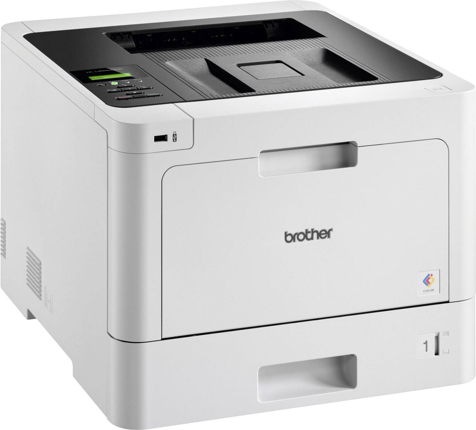 Ein weißer Drucker mit schwarzem Bedienfeld und Papierfach darunter, der Markenauflogans enthält. Geeignet für Büroumgebungen.