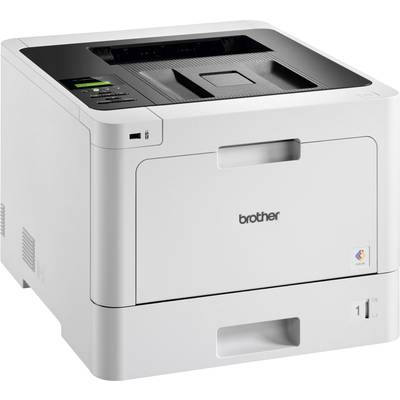 Ein weißer Drucker mit schwarzem Bedienfeld und Papierfach darunter, der Markenauflogans enthält. Geeignet für Büroumgebungen.