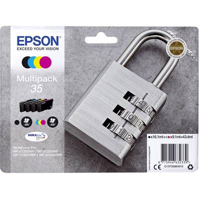 'EPSON Multipack 35' zeigt eine Kombinationsvorhängeschlossgrafik mit Zahlen. Enthält Tintenpatronenabbildungen und Kapazitätsangaben.
