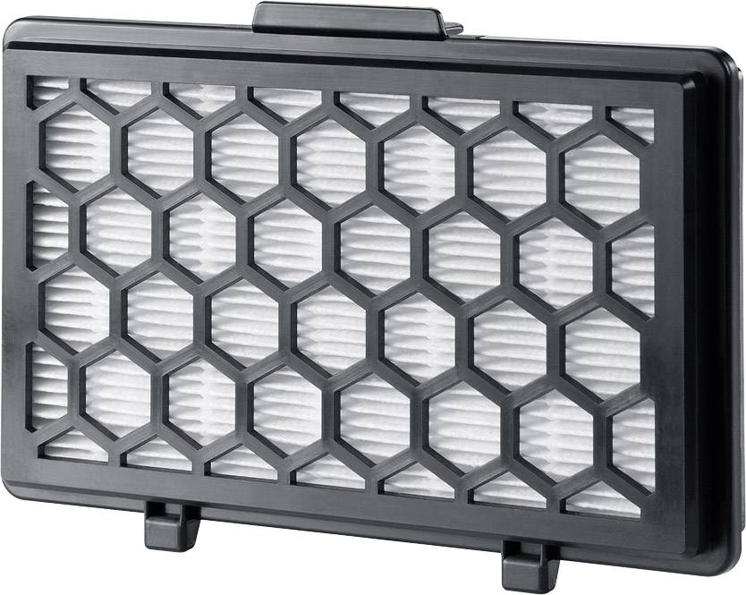 Schwarzer, rechteckiger Luftfilter mit sechseckigem Wabendesign und weißem Filtermaterial. Geeignet für Reinigung oder Austausch in Geräten.