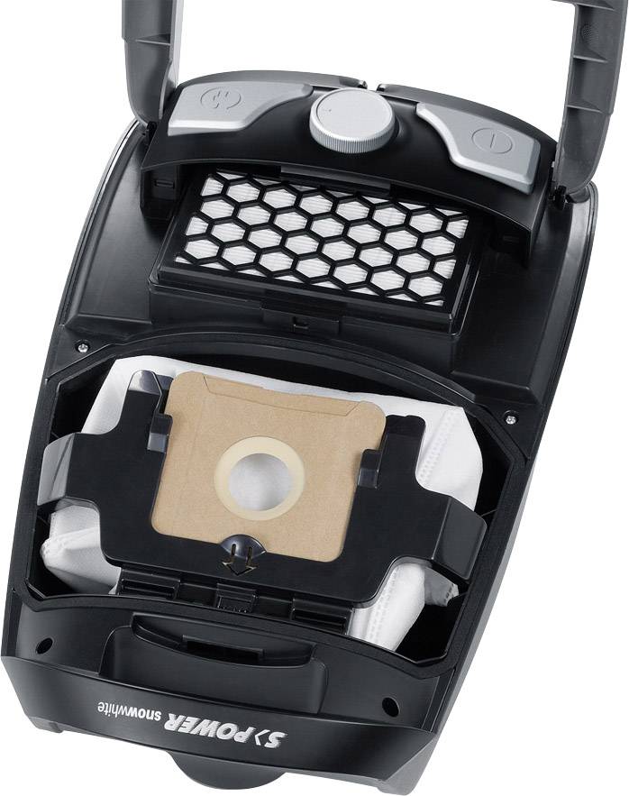 Staubsauger mit geöffnetem Fach zeigt Filter- und Staubbeutel. Die Marke 'S-Power' ist sichtbar. Hauptfunktion: Reinigung.
