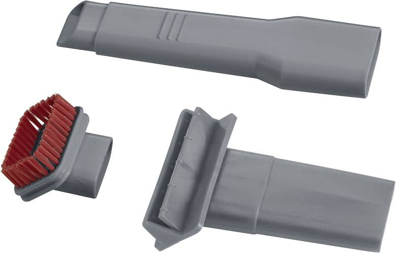 Graue Staubsaugerdüsen: eine Fugendüse, eine Polsterdüse und eine Rundbürste mit roten Borsten, nebeneinander liegend.