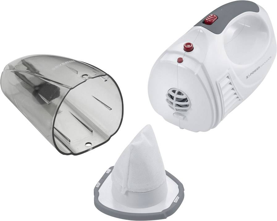 Zerlegter tragbarer Staubsauger mit Hauptgehäuse, abnehmbarem Behälter und Filter. Ideal für kleine Reinigungsarbeiten.