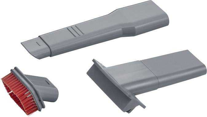 Drei verschiedene Staubsaugerdüsen aus grauem Kunststoff, darunter eine mit roten Borsten, liegen nebeneinander auf weißem Hintergrund.