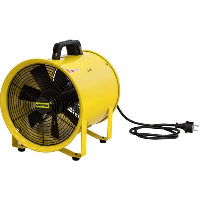 Gelber Ventilator mit schwarzem Lüfterblatt und schwarzem Stromkabel, geeignet für industrielle Belüftung und Kühlung.