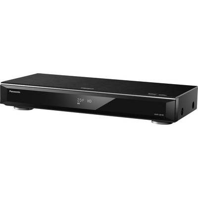 Schwarzer Panasonic DMR-UBC90 Blu-ray-Recorder, zeigt 'ZDF HD' auf Display, modernes Design mit glatter Oberfläche.