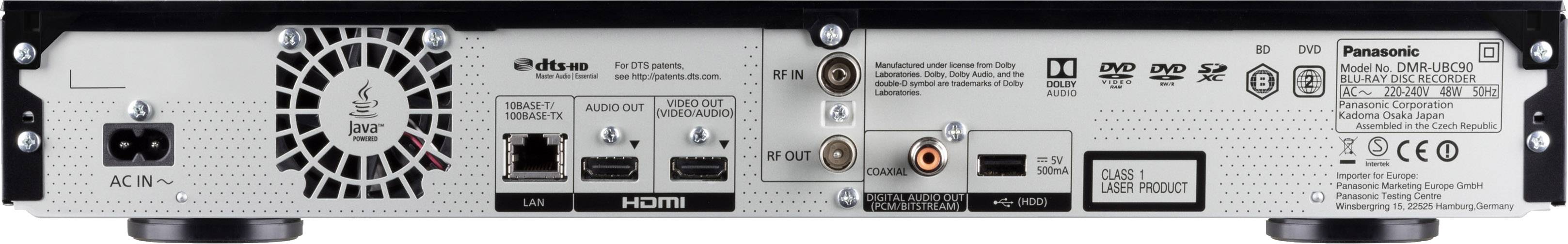 Rückansicht eines Panasonic DMR-EX97 DVD-Rekorders zeigt Anschlüsse: HDMI, LAN, SCART, koaxialer Audioausgang und Lüfter.