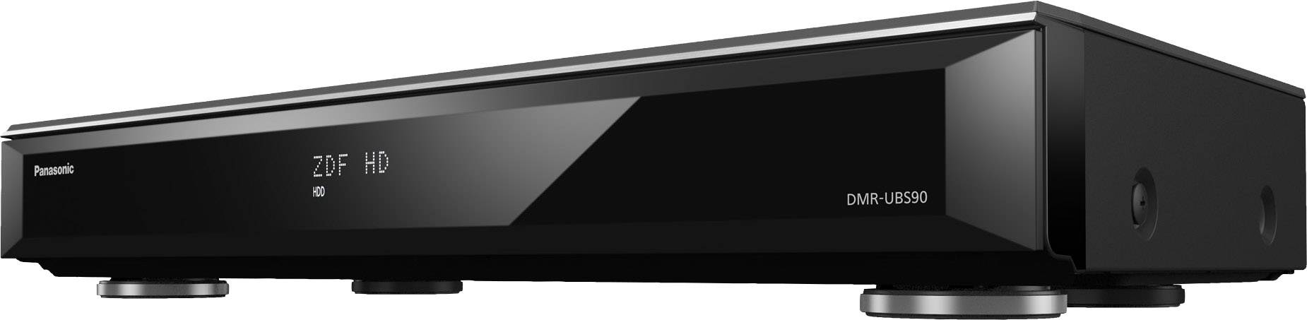 Schwarzer Panasonic Blu-ray-Player auf vier runden Füßen, zeigt 'ZDF HD' an der Vorderseite an. Modernes Design, Seitenansicht.