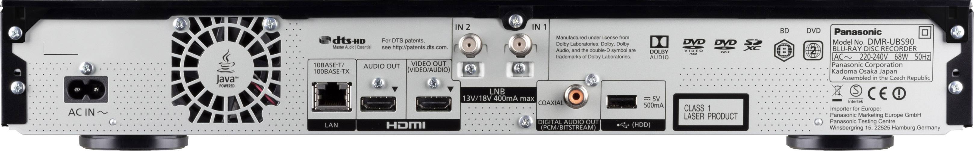 Rückseite eines elektrischen Geräts mit Anschlüssen und Lüfter. HDMI-Anschluss und mehrere Audio-/Video-Ports für Verbindung.
