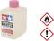 Flasche mit der Aufschrift 'Tamiya Airbrush Cleaner', 250 ml. Zwei Gefahrensymbole: Flamme (entzündlich), Ausrufezeichen (achtungsgefährlich).