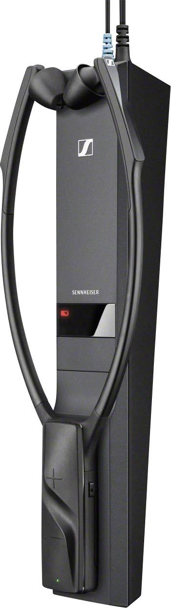 Ein tragbares, drahtloses Audiogerät mit einem Stethoskop-ähnlichen Design, das an einem Ladegerät hängt.