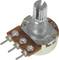 Drehpotentiometer mit silberner Welle und drei Anschlüssen. Es ist ein elektrisches Bauteil zur Regelung von Spannung oder Strom.