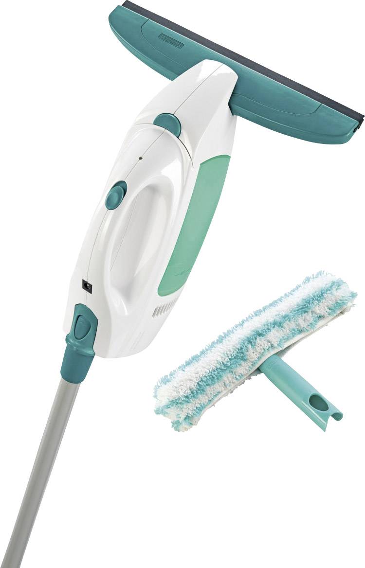 Fenstersauger mit blauer und weißer Gummilippe, weiß-grünem Griff und abnehmbarem Wischeraufsatz, für streifenfreie Fensterreinigung.