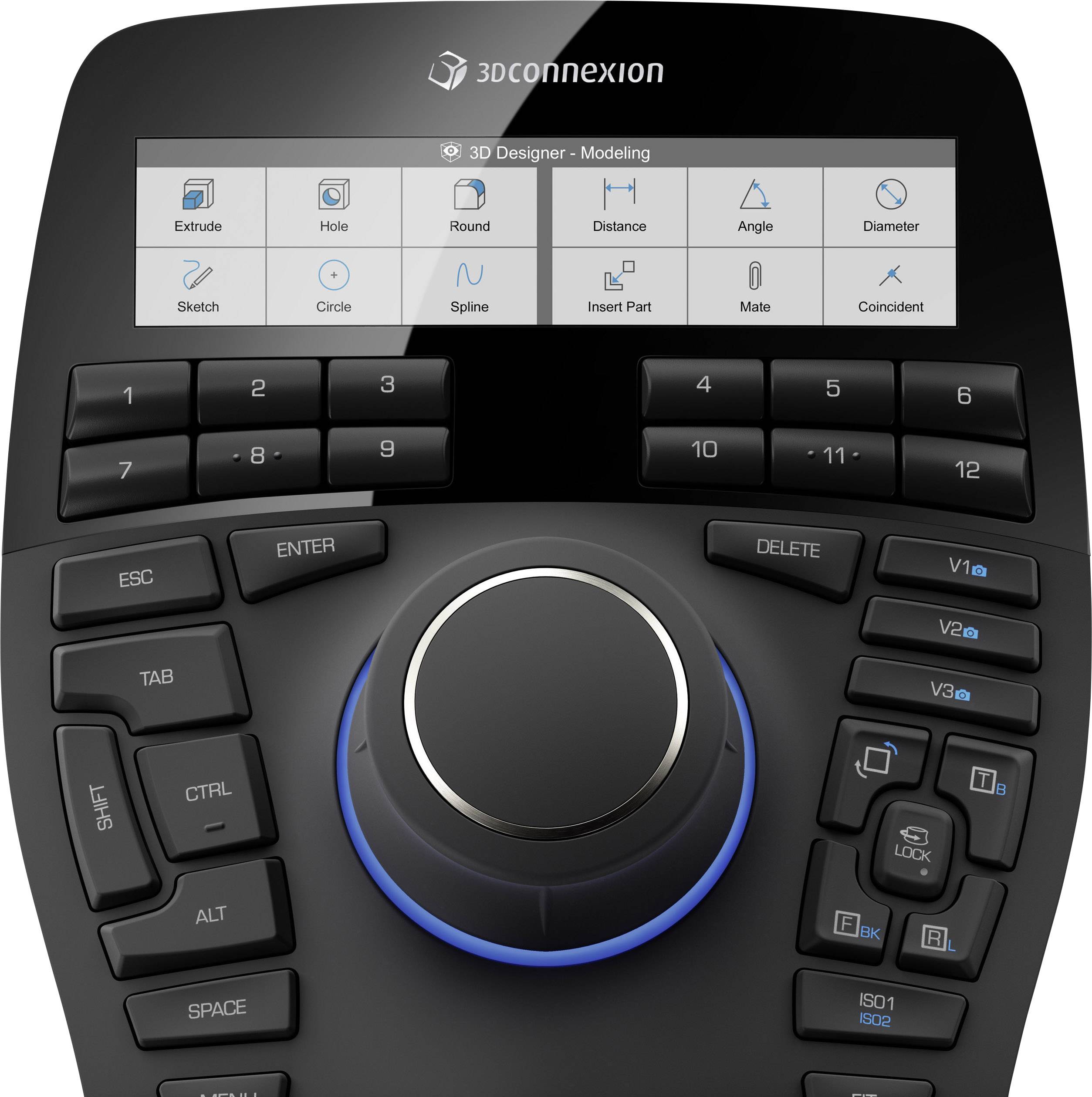 Professionelles Eingabegerät mit Display, Knöpfen und 3D-Navigationsrad, genutzt für Design- und Modellierzwecke in CAD-Programmen.