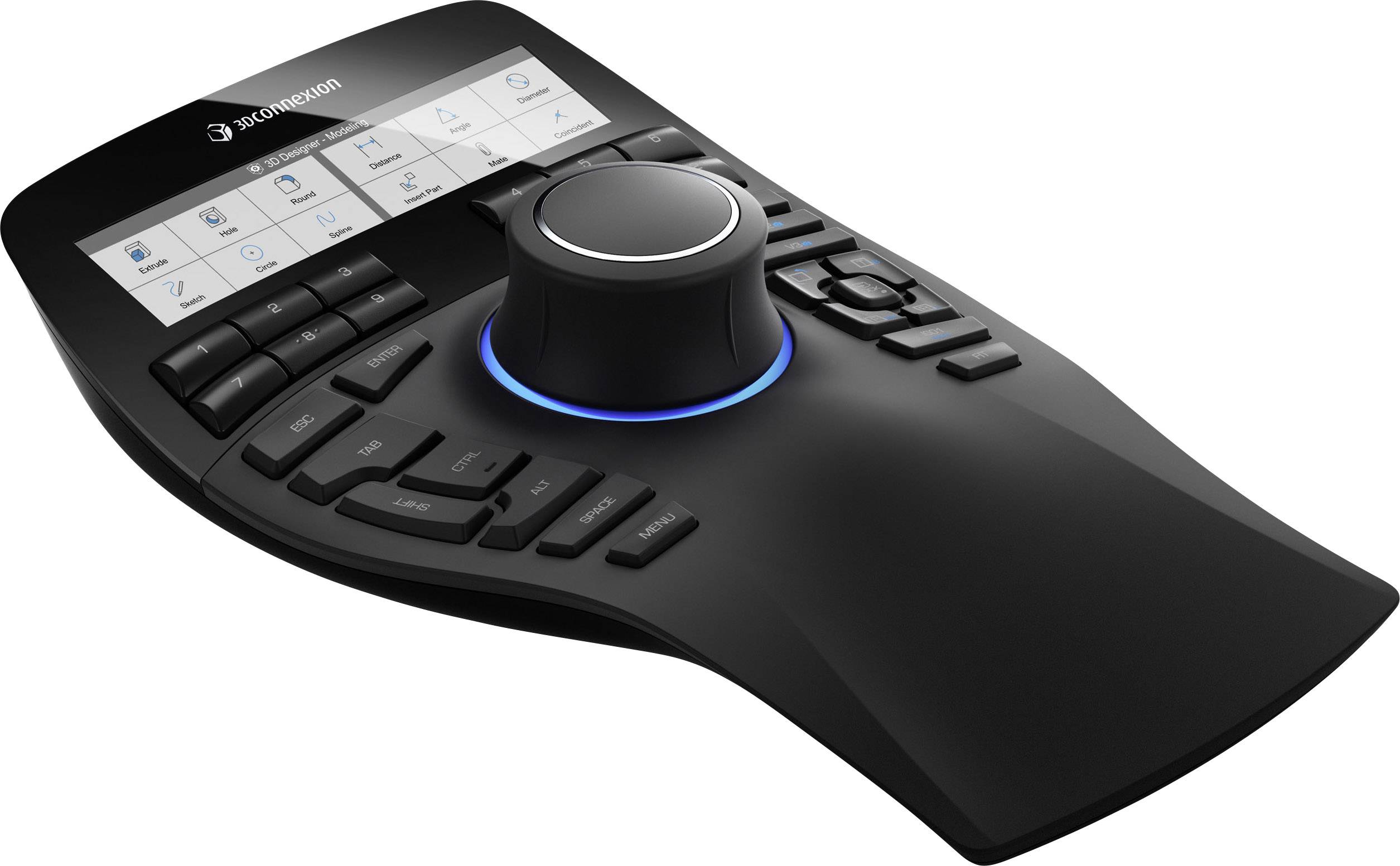 3D-Maus mit mehreren Tasten und einem zentralen Steuerknopf, verwendet zum Navigieren in 3D-Anwendungen oder CAD-Programmen.