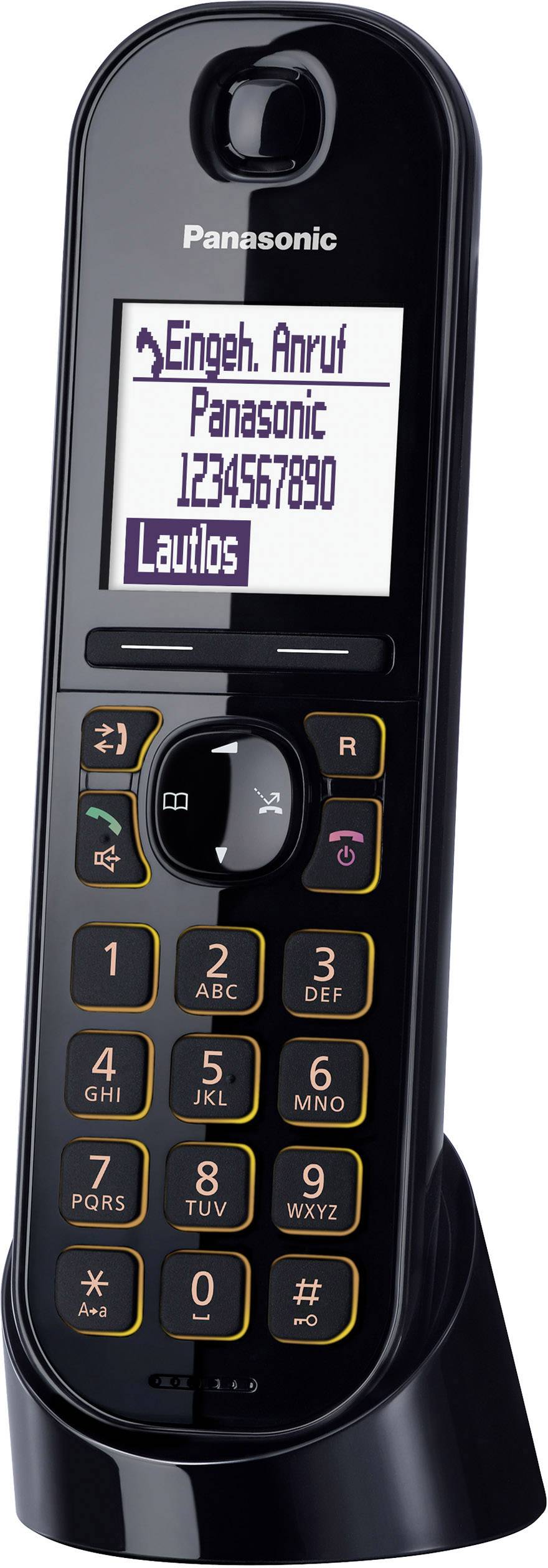 Ein schnurloses Telefon mit Display; zeigt 'Eingeh. Anruf Panasonic 1234567890'. Numerisches Tastenfeld, Modus 'Lautlos'.