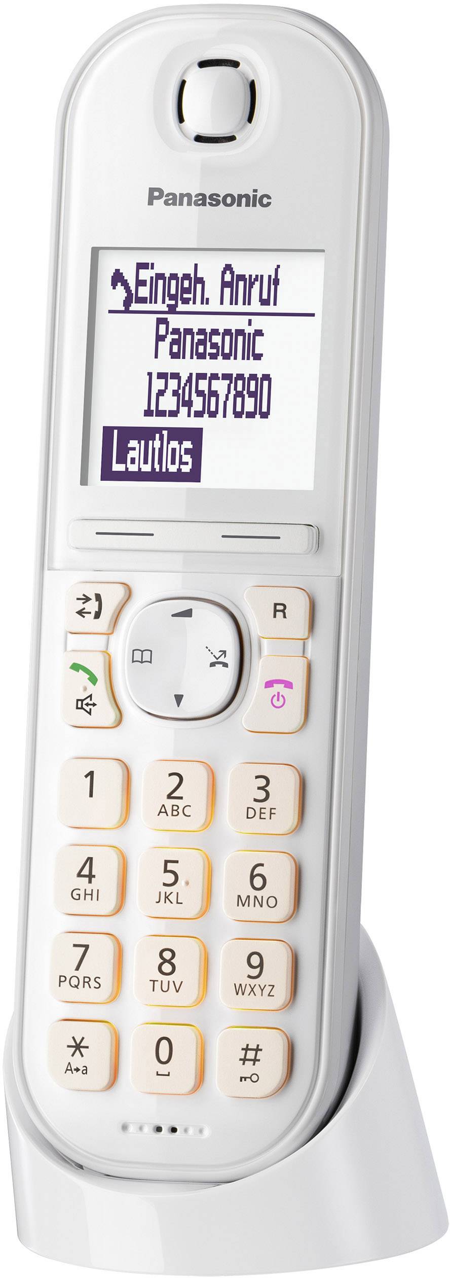 Kabelloses Telefon mit Display zeigt 'Eingeh. Anruf Panasonic 1234567890' an. Lautlose Funktion aktiviert.
