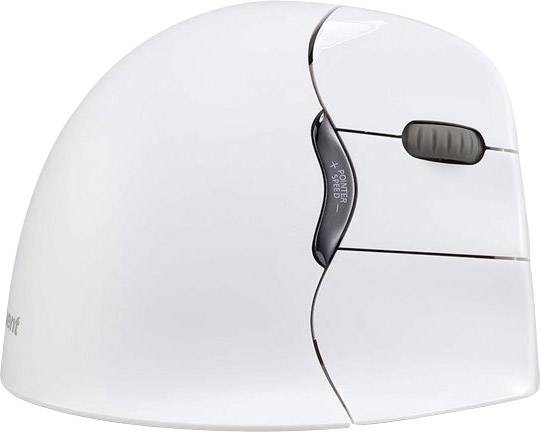 Weiße vertikale Computermaus mit ergonomischem Design, zwei Tasten und einem Scrollrad, konzipiert zur Entlastung des Handgelenks.