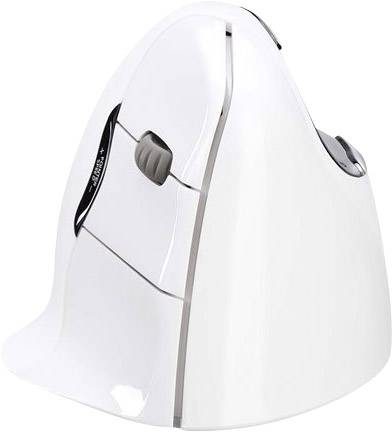 Weiße, ergonomische, vertikale Computermaus, seitlich betrachtet, mit sichtbarem Scrollrad und ergonomischem Design für Komfort.