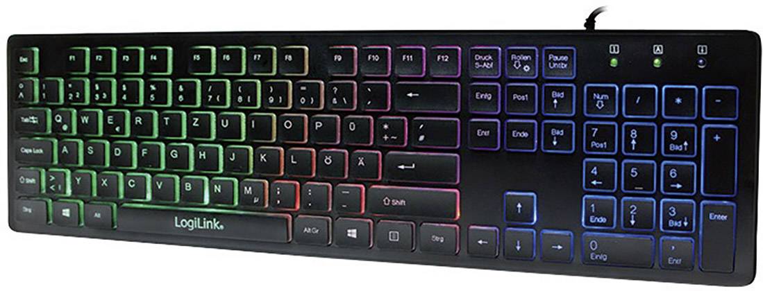 Computertastatur von LogiLink mit RGB-Hintergrundbeleuchtung, die in Regenbogenfarben leuchtet. Das Layout ist QWERTZ.