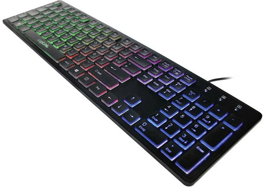 Eine schwarze Tastatur mit mehrfarbiger RGB-Hintergrundbeleuchtung, die von links nach rechts in Regenbogenfarben leuchtet.