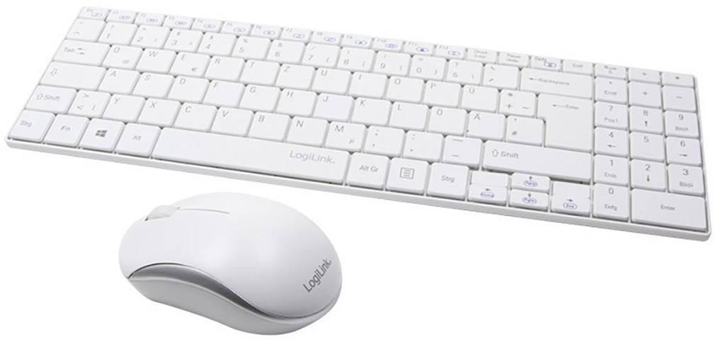 Weiße, kabellose Tastatur und Maus-Set auf einem weißen Hintergrund. Die Tastatur ist kompakt, die Maus ergonomisch geformt.