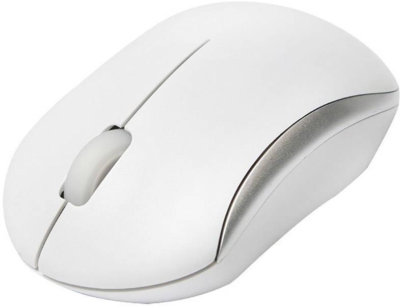 Weiße Computermaus mit Scrollrad und zwei Tasten, auf einer Oberfläche liegend.