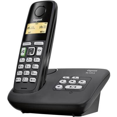 Schnurloses Telefon mit Basisstation, Display zeigt Datum und Uhrzeit. Tasten für Anrufannahme und Menü. Modell: Gigaset AL225A.