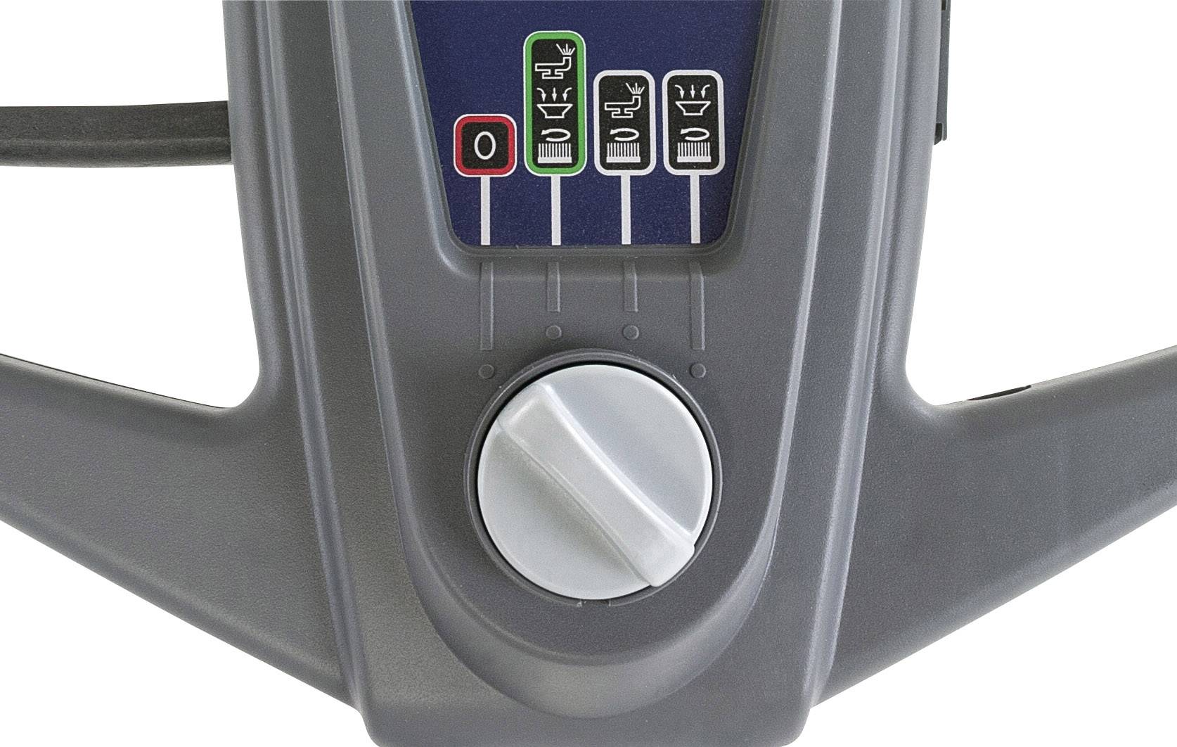 Ein Bedienfeld mit einem Drehschalter und vier Symbolen für Funktionen. Symbole zeigen Batteriestatus und andere Betriebsmodi an.