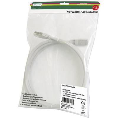 Ein weißes Netzwerk-Patchkabel in einer Plastiktüte mit Aufschrift 'Network Patchcable' und technischen Spezifikationen in Englisch.