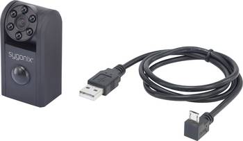Schwarze Sygnonix Mini-Überwachungskamera mit Nachtsicht-Funktion und passendem USB-Kabel für Strom und Daten.