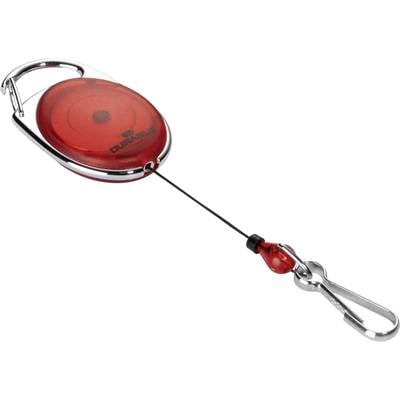 Ein roter Schlüsselanhänger mit ausziehbarem Kabel und Metallclip, versehen mit dem Schriftzug 'DURABLE', ideal für Ausweise.