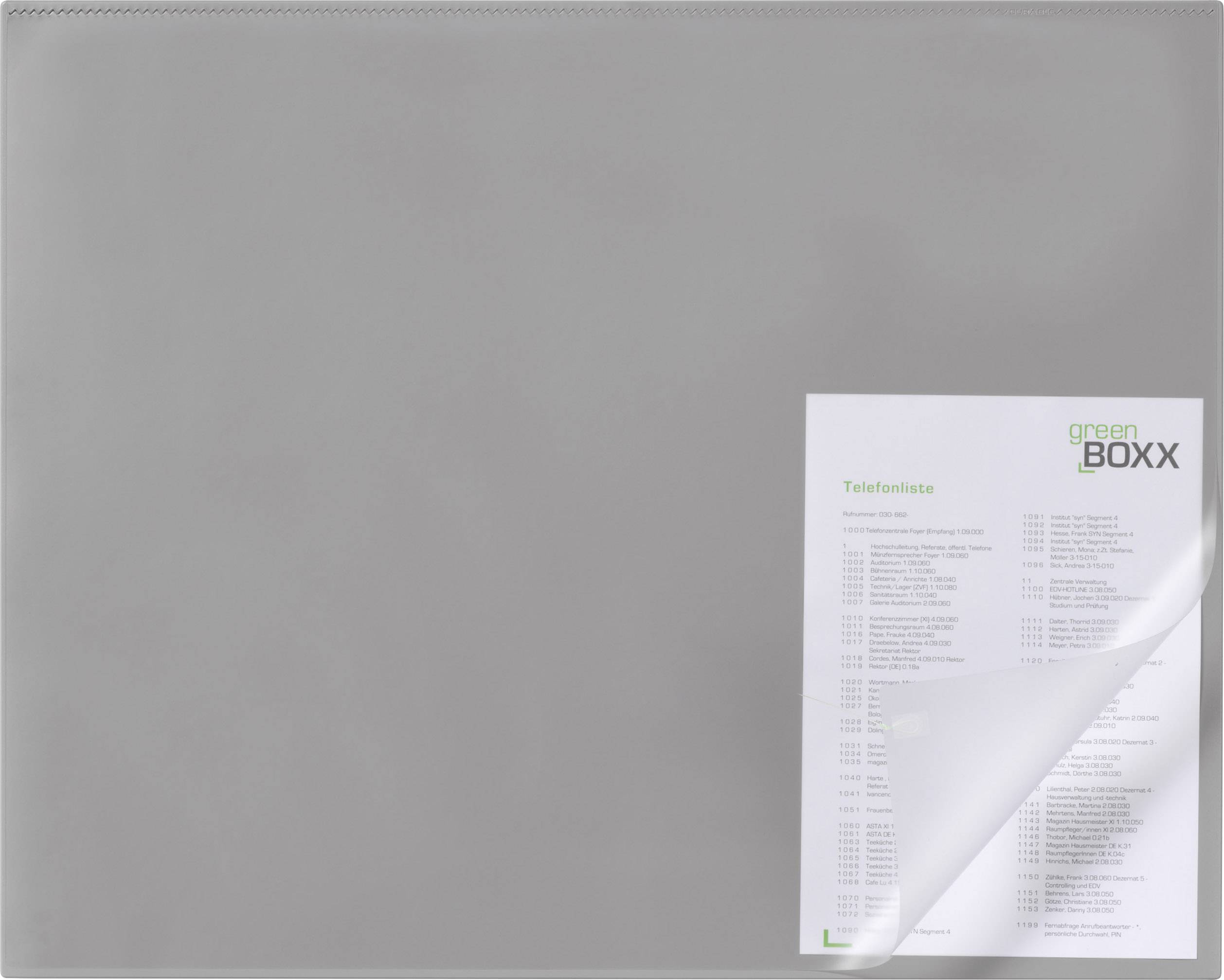 Transparente Hülle mit einem teilweise sichtbaren Dokument, das eine 'green BOXX' Teileliste zeigt.