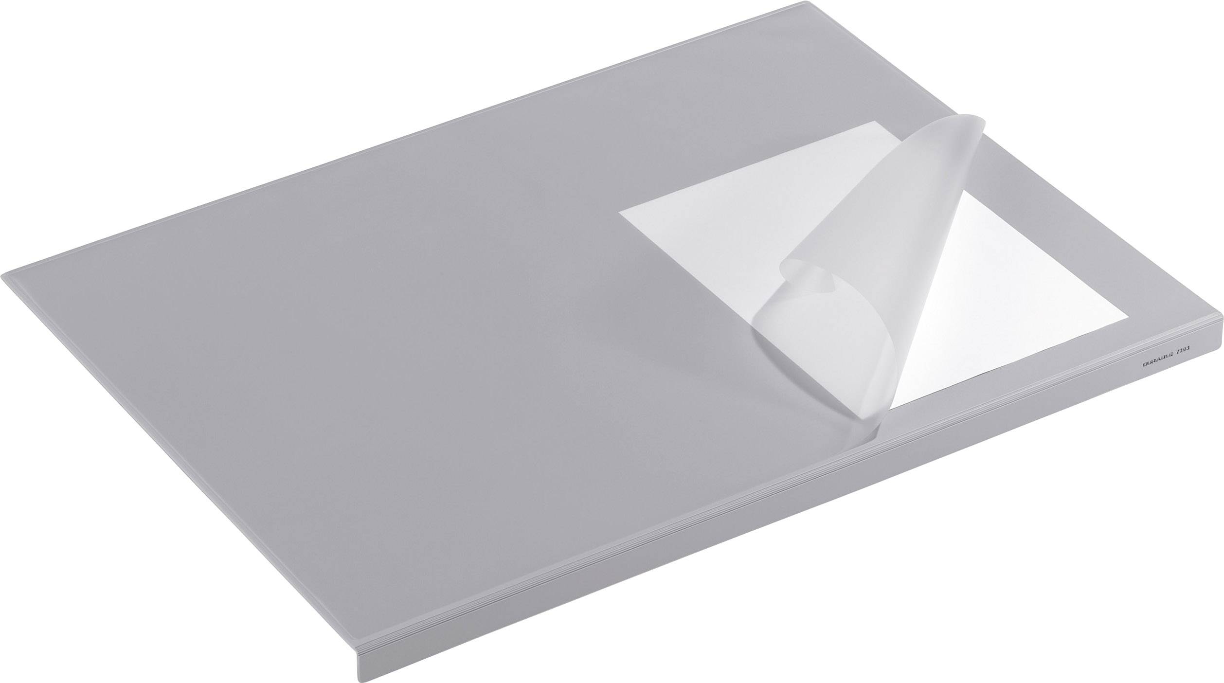 Eine graue Schreibunterlage mit einer durchsichtigen Ecke, an der eine Seite hochgeklappt ist, um ein weißes Blatt darunter zu zeigen.