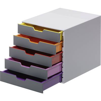 Ein graues Schubladensystem mit fünf farbigen Schubladen in Gelb, Orange, Rot, Pink und Lila, teilweise geöffnet.