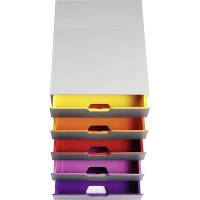 Ein Stapelbriefablage mit fünf unterschiedlich farbigen Ablagefächern: Gelb, Orange, Rot, Rosa und Lila.