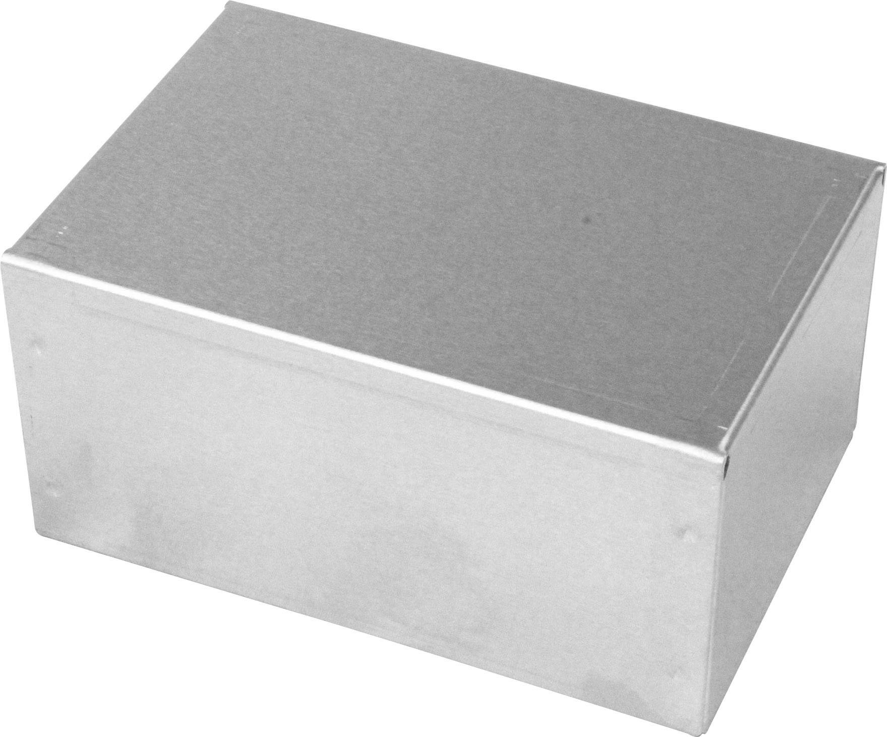 Silberfarbene Metallbox mit rechteckiger Form, geschlossen.