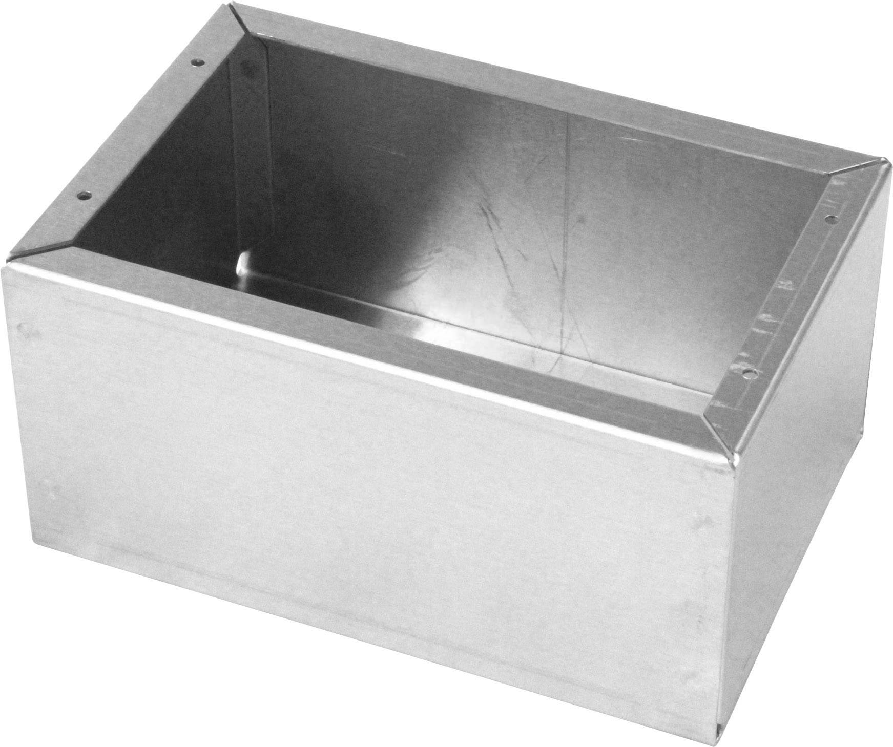 Metallbox mit offenem Oberteil. Rechteckig, silberfarben, stabiler Bau, geeignet für Lagerung oder industrielle Anwendungen.