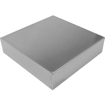 Eine glänzende, quadratische Metallbox mit minimalistischem Design, in einer leicht schrägen Ansicht fotografiert.