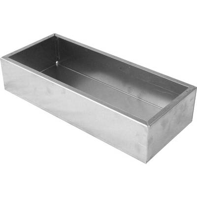 Rechteckige Metallbox, leer und ohne Deckel, aus silbernem Blech.